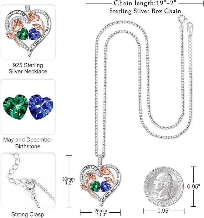 Iefil Valentines Day Gifts for Her - 925 Sterling Silver Rose Heart Birthstone Necklace Birthday Anniversary Jewelry Gifts for Her Wife Mom Daughter