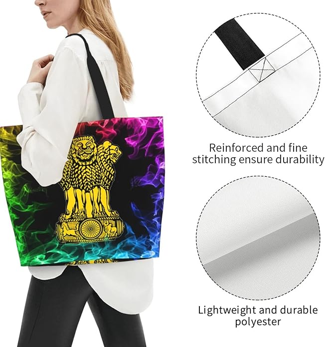 India National Emblem Large Reusable Eco-friendly Shopping Bags Portable Storage Handbag