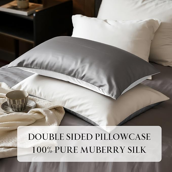 Mulberry Silk Pillowcase for Hair and Skin, Luxury Double Sided Pure Silk Pillowcase, 29x19 Inches, 1Pc (White)