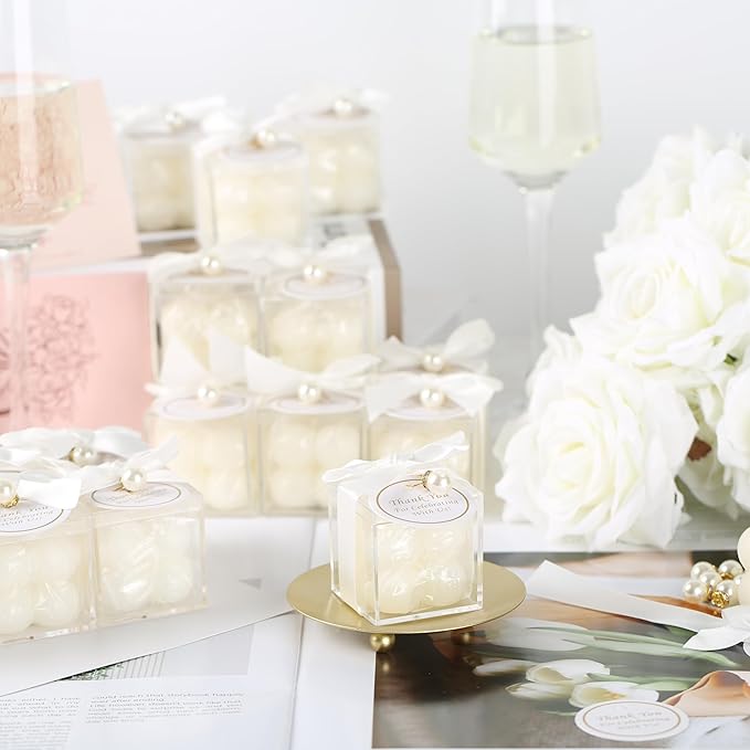 ACITHGL 30 Sets Fully Assembled Small Bubble Candle Party Favors for Guests Bulk Bridal Showers Favors Candles with Stylish Ribbons Thank You Cards Gifts (White)