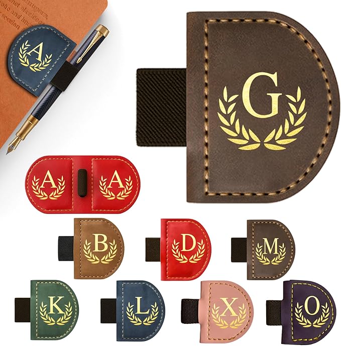 Personalized Leather Magnetic Bookmark with Pen Holder, Custom Bygone Mark Bookmark with Pen Holder, Custom Bookmarks with 26 Letters for Reading Women, Men, Teachers, Book Lovers（Coffee，G）