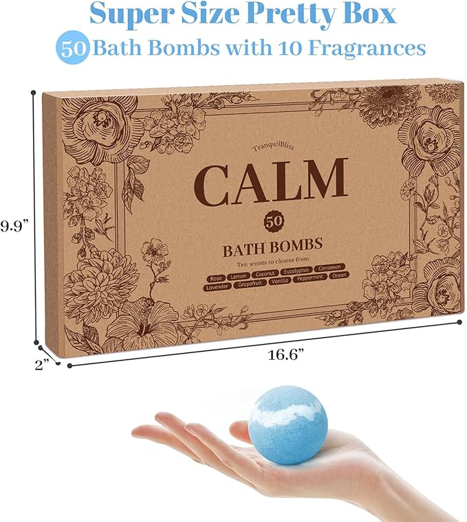 TranquilBliss Bath Bombs Set 50 PCS with 10 Rich Scents, Bath Bombs for Women, Natural Bubble Bombs with Shea Butter & Safe Oil, Ideal for Valentines, Birthday, Mother's Day Present (Brown)
