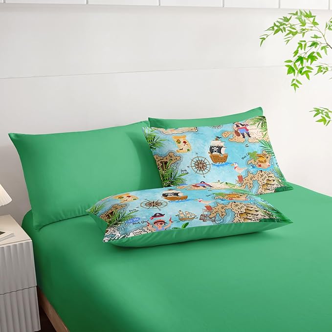 7Pcs Comforter Set Pirate Ship Printed Bedding Set with 1 Comforter, 1 Flat Sheet, 1 Fitted Sheet and 4 Pillowcases for Boys and Girls Bedroom All Season(Pirate Ship Full)