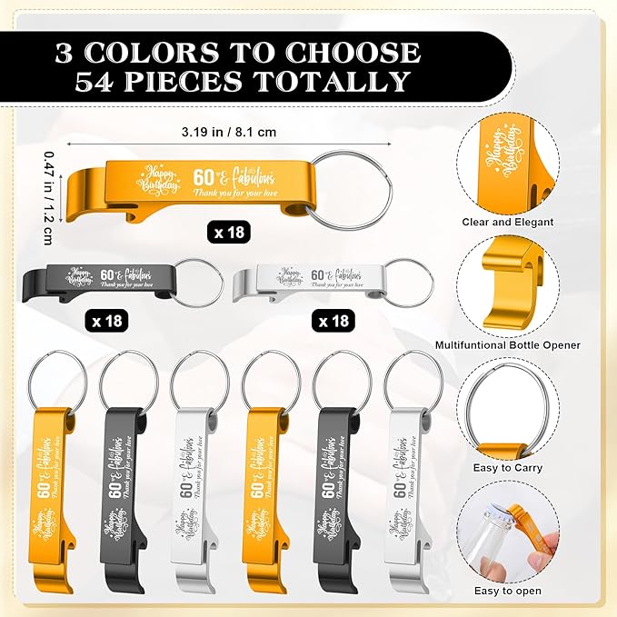 Dandat 54 Sets 60th Birthday Party Favors for Guests Birthday Beer Opener Keychain Cheers to 60 Bottle Opener Keychain with Thank You Cards and Gift Bags for Anniversary Wedding Party Favors