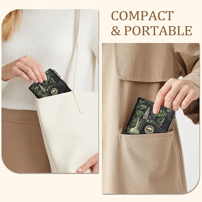 Goth Gothic Skull Small Wallet Women RFID Blocking Bifold, Credit Card Holder, Zipper Coin Pocket, Funny Witchy, Compact, Travel, PU Leather, 4 ID Window 14 Card Slots, Cash Purse, Ladies Woman