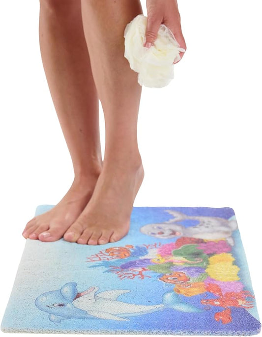 ENKOSI Loofah Non-Slip Shower and Bath Mat - Soft Cushioned Comfort - No Suction Cups for Smooth or Textured Tubs - Fast Draining - Safety for Bathroom, Family, Kids, and Elderly (24x16 Dolphin)
