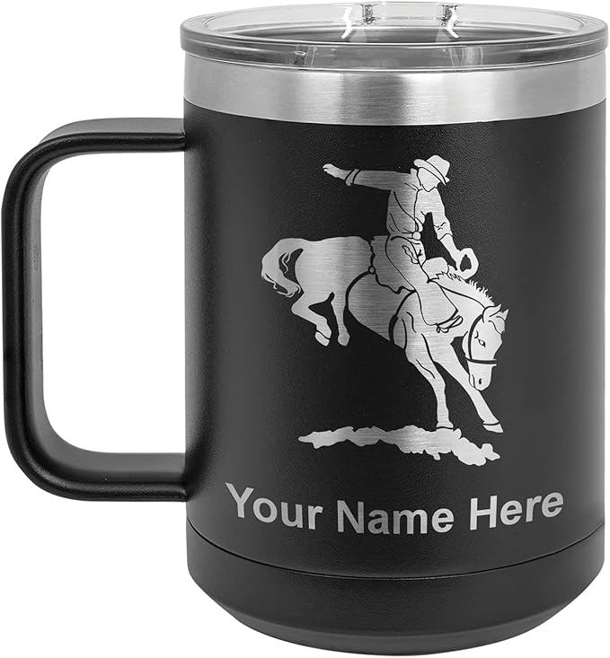 LaserGram 15oz Vacuum Insulated Coffee Mug, Bronco Rider, Personalized Engraving Included (Black)