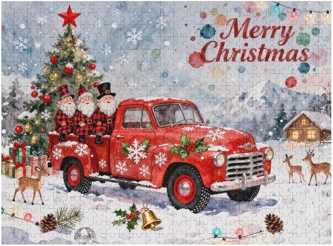Merry Christmas-Red Car Gnomes 1000-Piece Wooden Jigsaw Puzzle, Festive Holiday Puzzle, Christmas Gnome Scene, Cozy Indoor Fun, Family Game Night, Mindful Leisure Activity