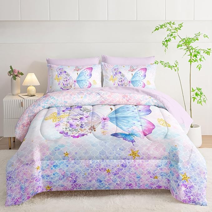 7Pcs Cartoon Butterfly Comforter Set Watercolor Printed Bedding Set with 1 Comforter, 1 Flat Sheet, 1 Fitted Sheet and 4 Pillowcases for Bedroom All Season(Butterfly-3 Queen)