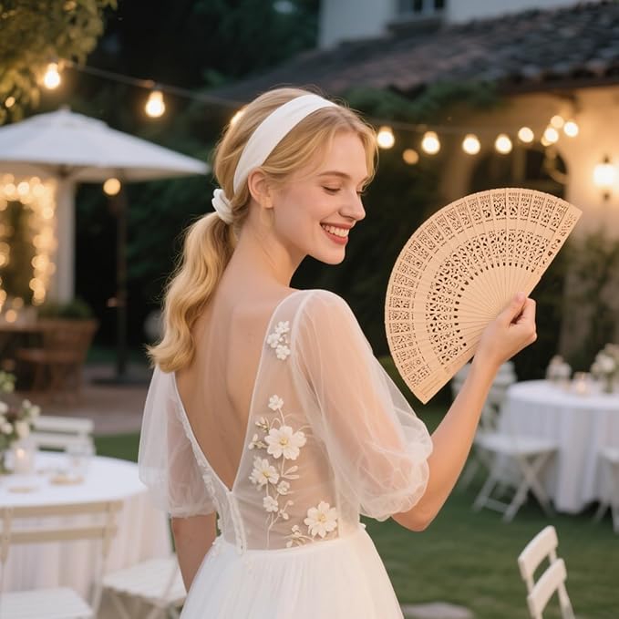 Wobe 60 Pack Sandalwood Fans Wedding Favors, Hand Held Folding Fans Wooden Openwork Personal Handheld Folding Fans for Wedding Party, Home Decorations Birthday Gift