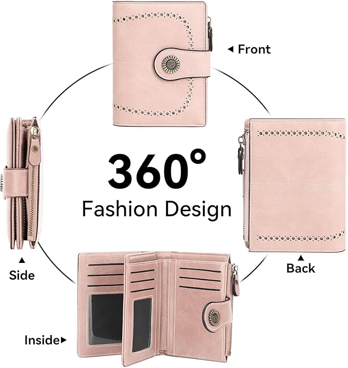 Women's Small Genuine Leather Bifold Wallet Large Capacity RFID Blocking with 16 Card Slots 2 ID Windows and Zipper Coin Pocket Pink (Pink)
