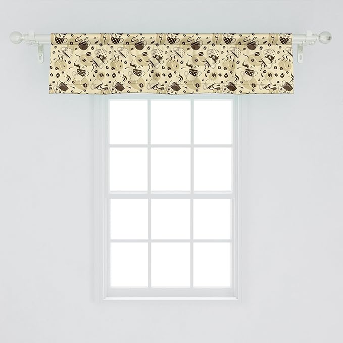 Ambesonne Modern Window Valance, Contemporary Coffee Cups Polka Dots and Beans Roasted Graphic Design, Curtain Valance for Kitchen Bedroom Decor with Rod Pocket, 54" X 12", Cream and Brown