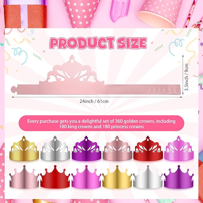Nezyo 360 Pcs Paper Crowns Bulk King and Princess Crown Hats for Boys Girls Adults Birthday Celebration Supplies Baby Shower