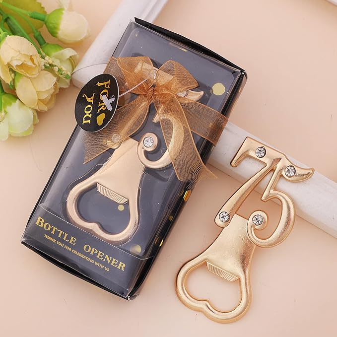 Baseo 24 Pcs Black and Gold 75th Bottle Opener Set - Gold Finish Zinc Alloy Bottle Openers for 75th Birthday Party Favors, Gifts or Souvenirs