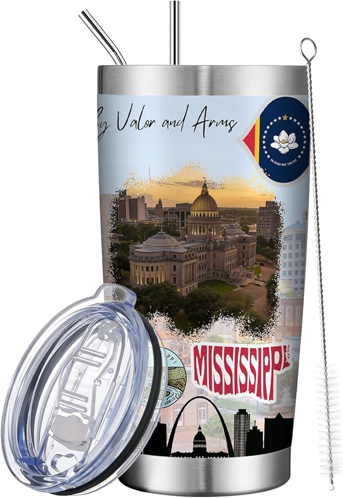 20oz Insulated Tumbler Mississippi State Coffee Mug, United States Map Travel Mug Landmark, Birthday Gifts Cute Custom Tumbler Cups with Lid and Straw Mothers Day Gifts