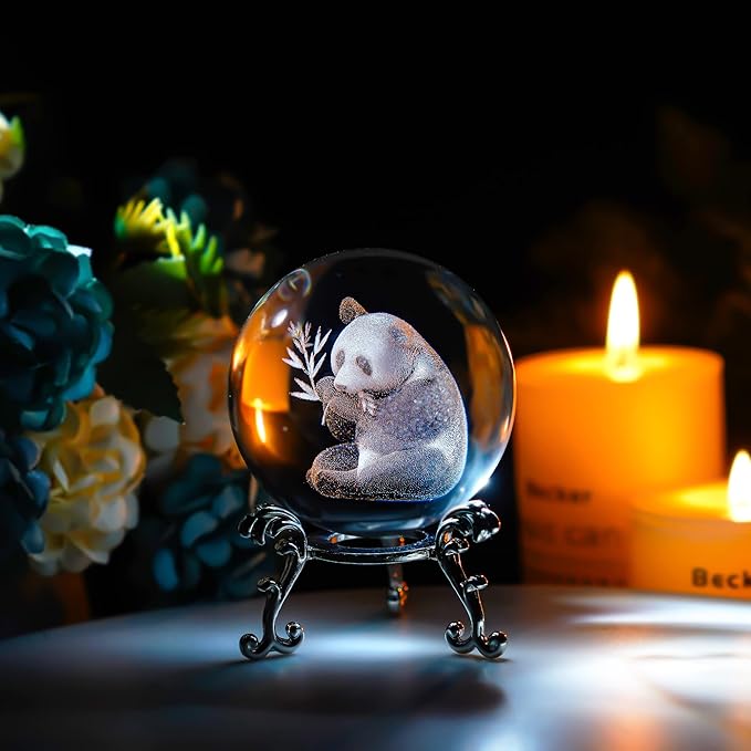 ZEERSHEE 60mm Glass Laser Engraved Panda Ball with Stand Crystal Cute Panda Collectibles Figurines Table Centerpieces Paperweights Decoration for Home Panda Gifts for Women