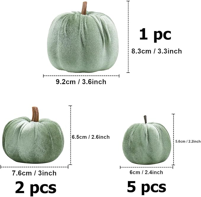 Woration 8pcs Fall Pumpkin Home Lake Green Décor Rustic Artificial Fake Velvet Fabric Pumpkins Harvest Thanksgiving Kitchen Farmhouse Wedding Festival Decorations