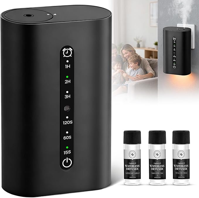 Smart Plug-in Scent Diffuser Set, Waterless Scent Diffusers Home, Cold Air Mist, Timer Control, and 3 Mist Intensity Settings, Suitable for Home, Office, and Small Spaces,Black