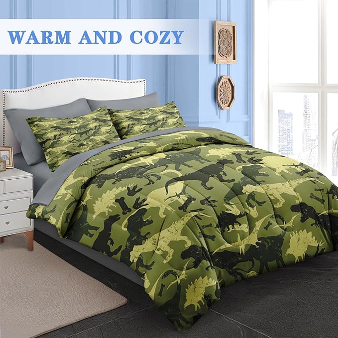 Comforter Set Twin Size, Camouflage Dino Dinosaur 5 Pcs Bedding for Kids and Adults, Cute Funny Green Bed Sheet Sets with Fitted Sheet Pillowcase & Sham for Bedroom Bed Decor