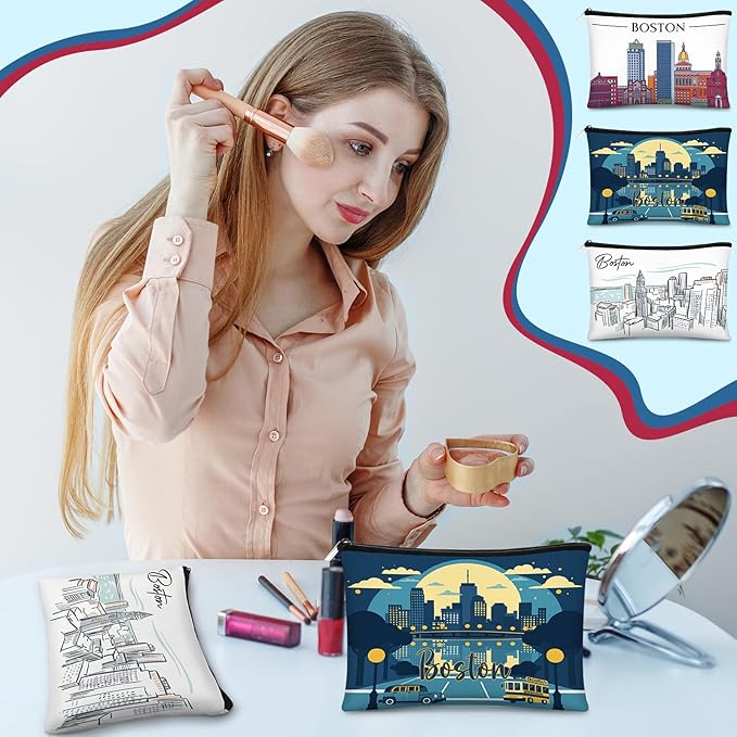 Reginary 6 Pcs City Cosmetic Bag Souvenir Gifts New York Zipper Pouch Chicago Souvenir Seattle Boston Nashville London Paris Italy Alaska Gifts Memento for Women Traveler(Boston)