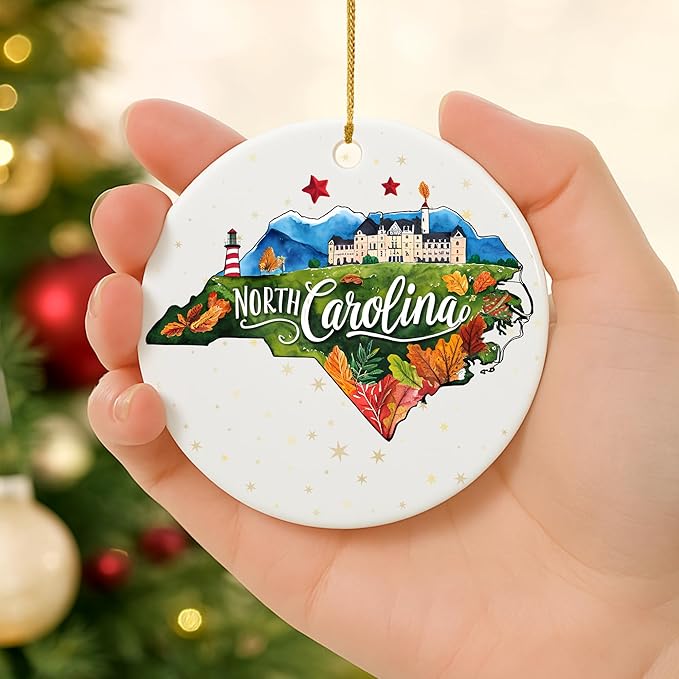 USA State Landmark Ceramic Ornament – Round Glossy Christmas Decoration Featuring U.S. State Art, Landmarks & Holiday Scenery – Collectible Travel Souvenir Ornament Series (North Carolina)