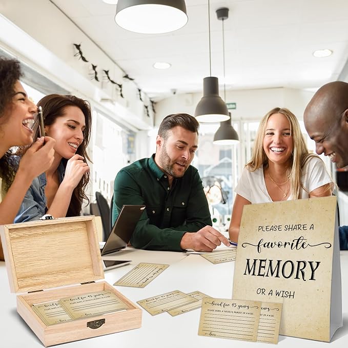 45th Birthday Party Share a Memory Set, 1981 Birthday Gifts for Women Men, 1981 Wooden Share A Memory Box with Memory Sign and 50 Pcs Memory Cards, 1981 Birthday Gifts, 45th Birthday Party Decorations