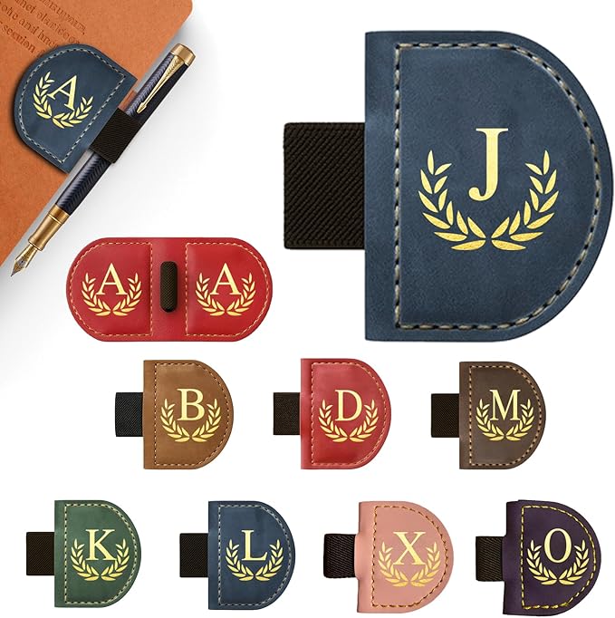Personalized Leather Magnetic Bookmark with Pen Holder, Custom Bygone Mark Bookmark with Pen Holder, Custom Bookmarks with 26 Letters for Reading Women, Men, Teachers, Book Lovers（Blue，J）
