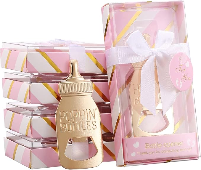24 Pack Baby Shower Favors Bottle Opener Baby Shower Souvenirs Poppin Bottle Baby Birthday Party Giveaways,Baby Shower/Gender Reveal Party Supplies Decoration Gift (Pink, 24)