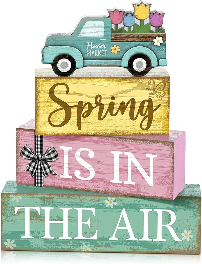 4 Pcs Spring Table Decor Wooden Blue Truck Decoration Flower Centerpiece Spring Tiered Tray Decor Decorative Colorful Flower Block Signs Gift Farmhouse Decoration for Home Kitchen