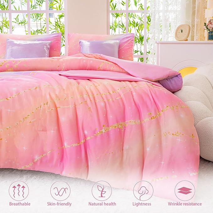 Rainbow Bedding Set Full Size – 7 Piece Reversible Girls Comforter with Deep-Pocket Sheet, Gradient Galaxy Design, Whole-Piece Filling, Machine Washable Bed-in-a-Bag for Kids Room Makeover & Gifts