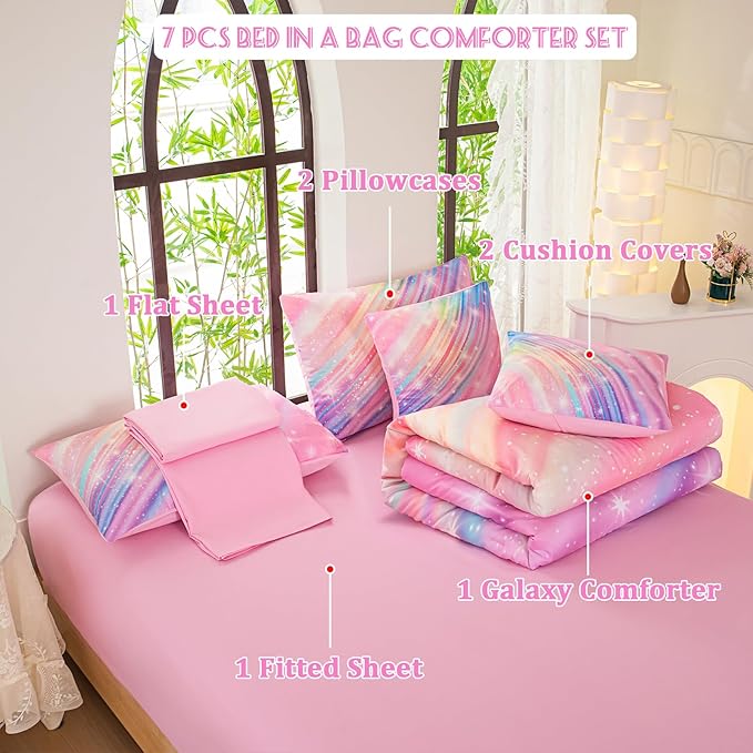 Twin Comforter Set for Girls Galaxy Bedding 7pieces, Ombre Bedding Comforter Sets Rainbow Comforter, Twill Pink