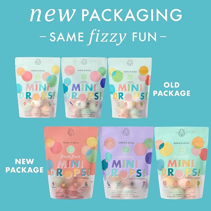 Dabble & Dollop Mini Bath Bombs, 100% Natural Droplets for Kids, Variety Pack - Resealable Pouches, Fizzy, Moisturizing & Fun, Vegan, Gluten-Free, Cruelty-Free (Set of 36)