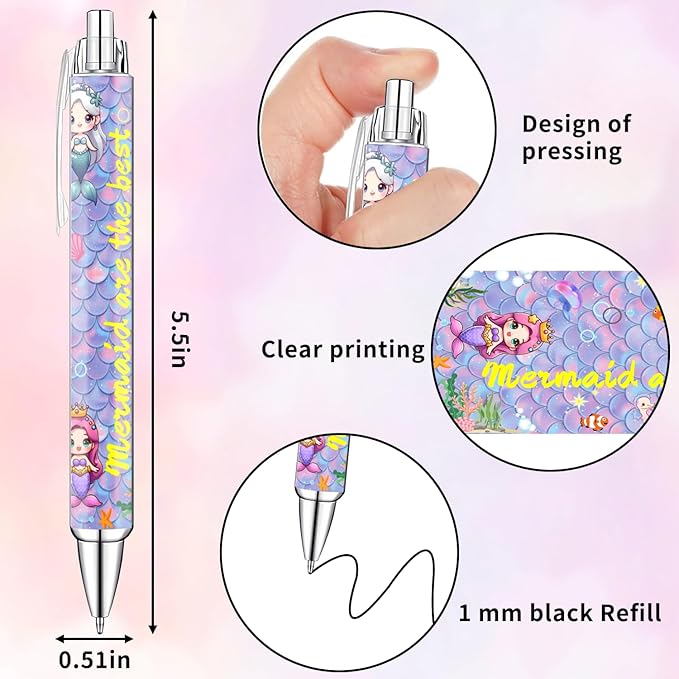 Idealmuzik Mermaid Pens for Girls – Cute Mermaid-Themed Ballpoint Pen Set for Ocean Lovers – Fun Stationery Gift for Journaling – 8 Pack