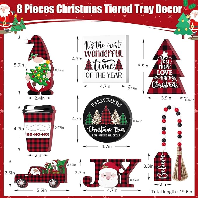 Christmas Tiered Tray Decor 8 PCS Xmas Decorations Indoor - Believe Merry Christmas Table Decor Wooden Signs - Xmas Farmhouse Decor 3 Tier or 2 Tier for Home Room Kitchen Mantel Holiday