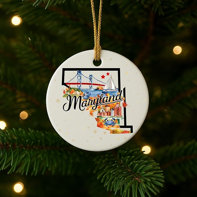 USA State Landmark Ceramic Ornament – Round Glossy Christmas Decoration Featuring U.S. State Art, Landmarks & Holiday Scenery – Collectible Travel Souvenir Ornament Series (Maryland)