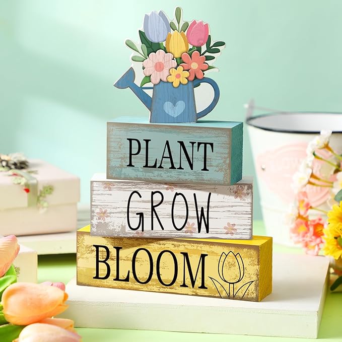 4 Pcs Spring Table Decorations Flower Wooden Signs Spring Tiered Tray Decor Wooden Flower Kettle Block Signs Pastel Table Centerpieces Decor for Home Kitchen Shelf