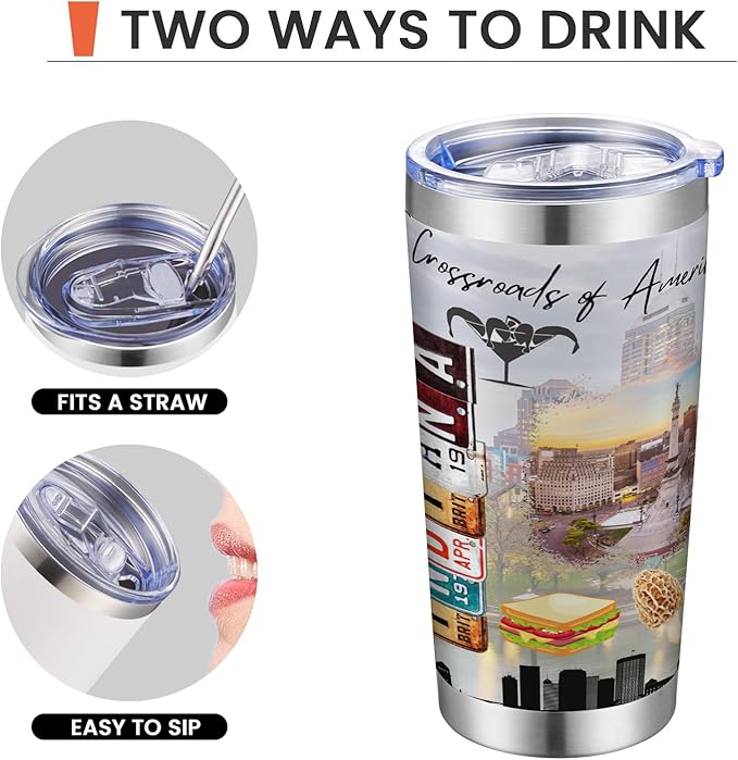 20oz Insulated Tumbler Indiana State Coffee Mug, United States Map Travel Mug Landmark, Birthday Gifts Cute Custom Tumbler Cups with Lid and Straw Mothers Day Gifts