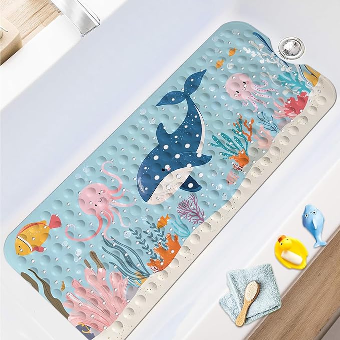 LNOND Bath Mat for Tub for Kids, Toddler Bathtub mat Non Slip, Jellyfish Coral Kids Bath Mats for Bathroom Non Slip with Drain Holes and Suction Cups,Machine Washable (40 X 16 Inch)