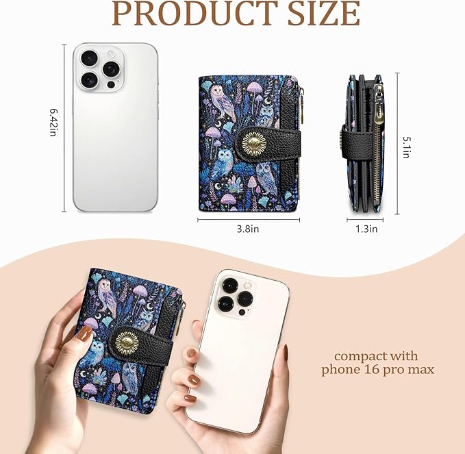 Owl Small Wallet Women RFID Blocking Bifold, Credit Card Holder, Zipper Coin Pocket, PU Leather, Magic, Compact, Travel, 4 ID Window, 14 Card Slots, Cash Purse, Ladies Woman Female Girls