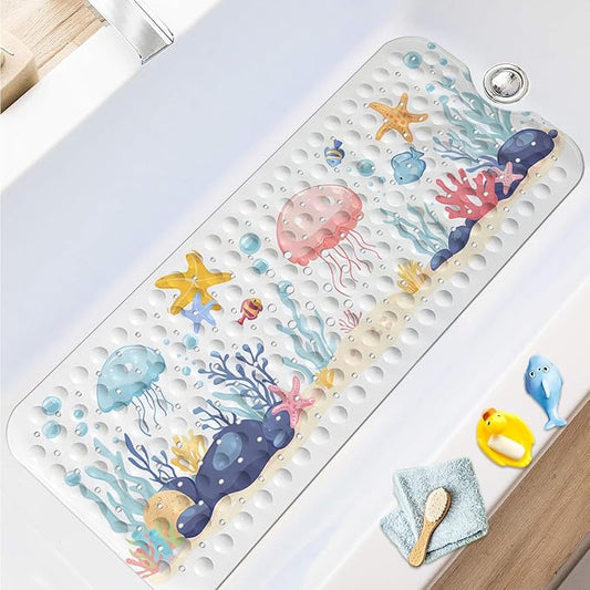 LNOND Bath Mat for Tub for Kids, Sea World Bathtub mat Non Slip, Jellyfish Starfish Coral Bath Mats for Bathroom Non Slip with Drain Holes and Suction Cups,Machine Washable (40 X 16 Inch)