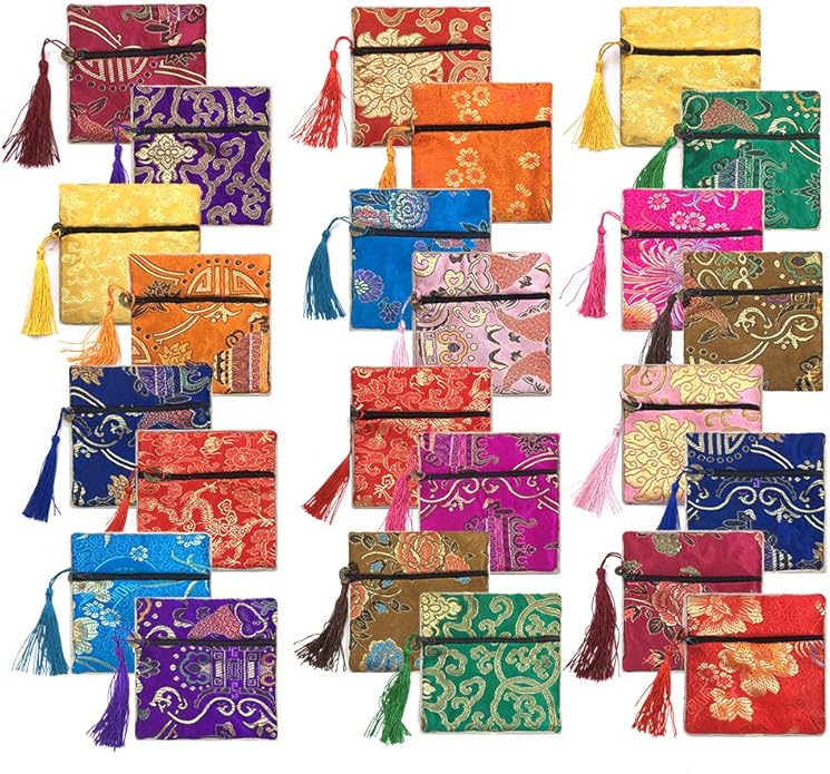 24pc Chinese Silk Brocade Coin Purse Embroider Jewelry Bag Zipper Wallet Pouch