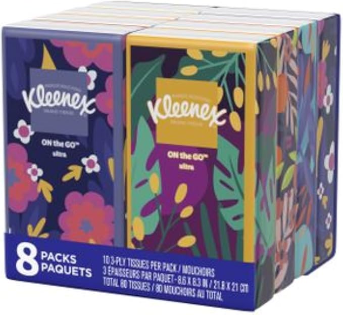 Kleenex On-The-Go Facial Tissues, 8 On-The-Go Packs, 10 Tissues per Box, 3-Ply (80 Total), Packaging May Vary (Pack of 96)