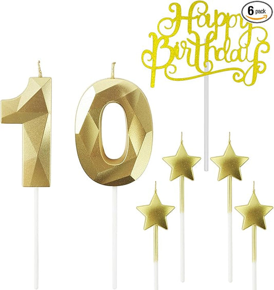 Golden Number 10 Birthday Candles and Star Birthday Candles 2.76 inch Birthday Cake Candles 3D Diamond Shaped Candles are Suitable for Birthday Parties and Anniversary Cake Decorations Candles