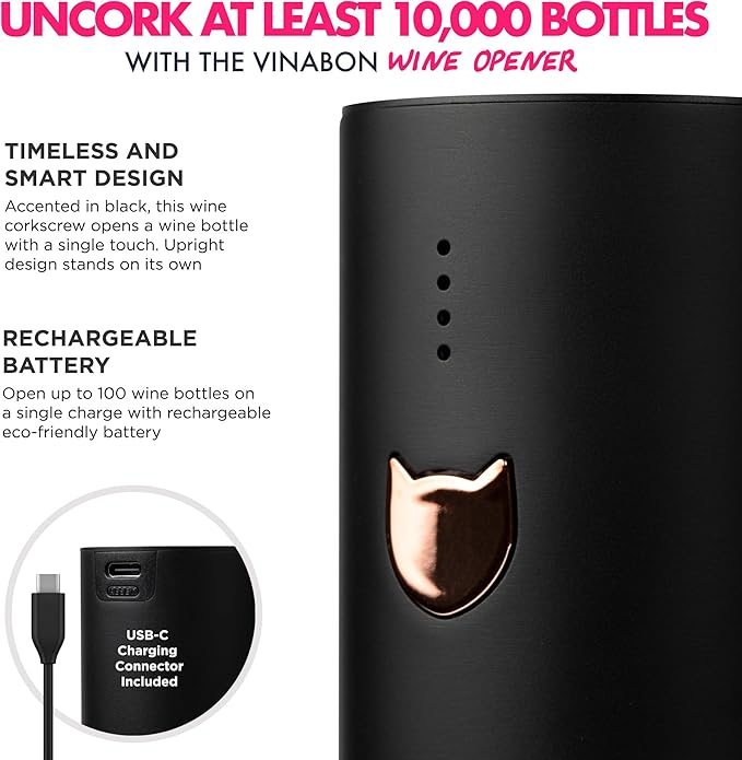 VINABON Electric Wine Opener - Updated 2026 One-Touch Automatic Wine Bottle Opener Corkscrew - Rechargeable (Up to 100 Bottles/Charge) with Foil Cutter Stand, LED Indicator. Includes Wine Guide eBook