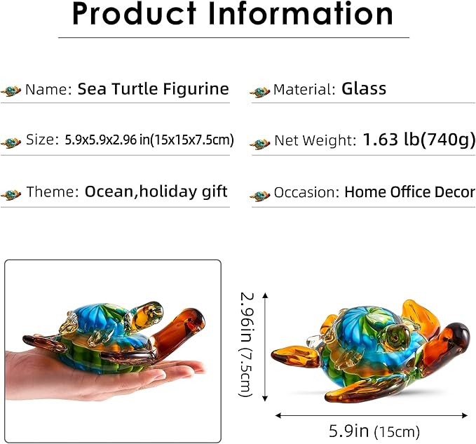 EUSTUMA Hand Blown Glass Sea Turtle Figurines Ornament,Sea Animal Ornament for Home Decor,Sea Animals Collection for Birthday Gift,Glass Tortoise Sculpture
