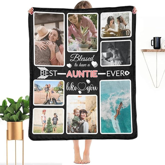 Custom Blanket Gifts with Photos, Personalized Bed Throws for Aunt, Custom Souvenir Throw Blanket for Best Aunt Ever, 8 Collages Made in USA
