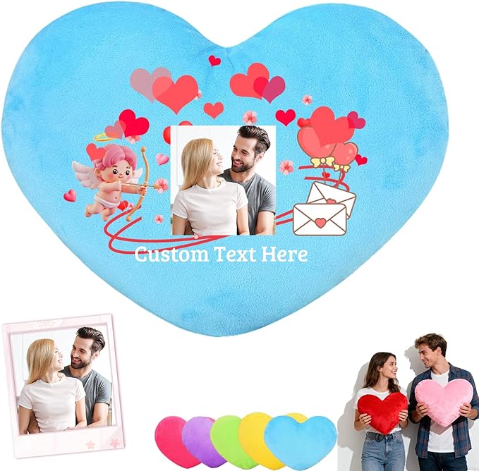 Custom Heart Pillow with Insert, Personalized Heart Shaped Pillow with Photo Text as Valentine Pillows for Girlfriend Boyfriend Home Decor Personalized Gifts for Valentines Day Anniversary