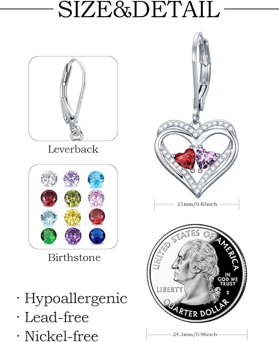 Heart Leverback Earrings Double Birthstone Dangle Earrings for Women, Love Jewelry for Her, Christmas Gifts for Women, Anniversary Birthday Gift for Mom Wife Girlfriend