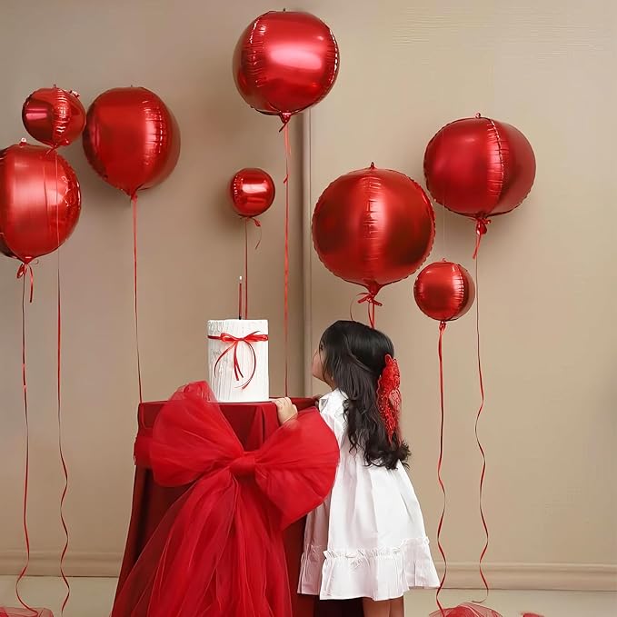 12PCS Red Round Foil Balloons, 22" 15" 10" Large 4D Ball Balloons Metallic Red Mirror Balloon for Graduation Christmas Valentines Galentines Day Wedding Birthday Party Decorations