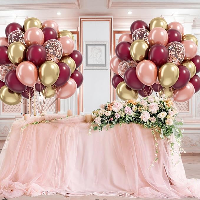 60pcs Burgundy and gold Balloons 12inch with Maroon Pearl Rose Gold Confetti Metallic Gold Balloons for Wedding Bridal Shower Anniversary Birthday Party Decorations